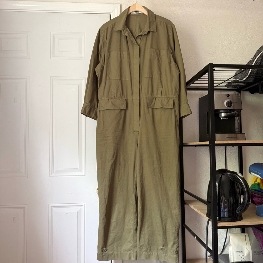 THAKOON olive army green utility cargo work‎ chore wide straight leg jumpsuit